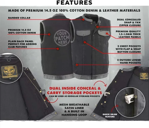 Vista 2 de Milwaukee Leather MDM3010 - Chaleco de motociclista estilo club de mezclilla negra para hombre con ribete de cuero y cremallera oculta