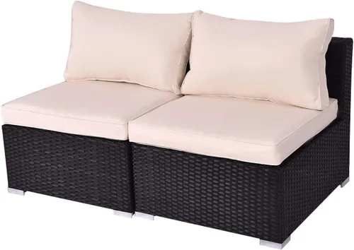 Vista 29 de Tangkula Juego de 2 sofás de mimbre para exteriores, sin brazos, juego de sofá modular de ratán para patio con 2 cojines de asiento gruesos y 2