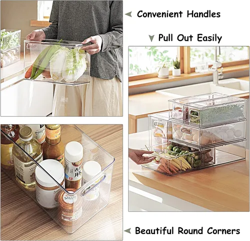 Vista 4 de Paquete de 3 contenedores organizadores de refrigerador con cajón extraíble, juego organizador de cajones apilables para refrigerador con asa
