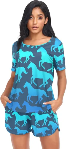 Vista 4 de Selerdon Blue Horse Pajamas Set Womens 2 Piece PJ Sets Soft Short Sleeve Loungewear Sleepwear Set