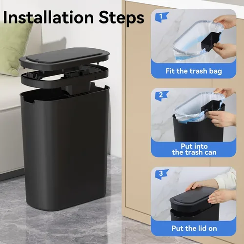 Vista 7 de FRESHLIX Basurero automático de baño de 5 galones con tapa, sensor de movimiento, sin contacto, cubo de basura eléctrico inteligente, delgado