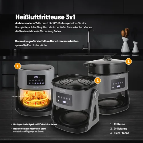 Vista 3 de Lauben Glass&Grill - Freidora de aire 3 en 1 5500BG, freidora de aire caliente de 5.5 L de capacidad, freidora de vidrio, 6 programas + ajuste