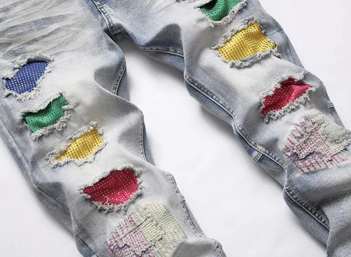 Vista 3 de Skinny Slim Fashion - Jeans elásticos para hombre, con agujeros rectos, estilo hip hop, para motociclista