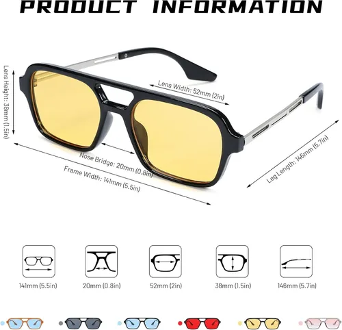 Vista 4 de Hycredi Lentes de sol planos estilo aviador retro de los años 70, gafas cuadradas vintage de moda para mujeres y hombres, diseño de metal, sombras
