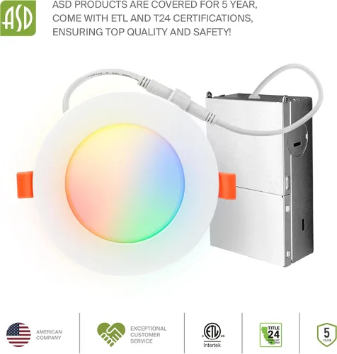 Vista 9 de ASD 1 Pack LED Smart Recessed Lighting 4 Inch 9W, RGBW Color Changing Lights, Compatible with Alexa & Google Assistant, Dimmable 2700K-6500K