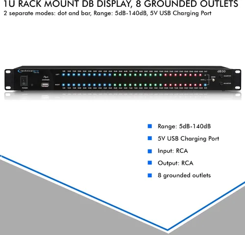 Vista 5 de Technical Pro Pantalla DB de montaje en rack de 1U con protector de sobretensiones de fuente de alimentación de 8 salidas con puertos de carga USB