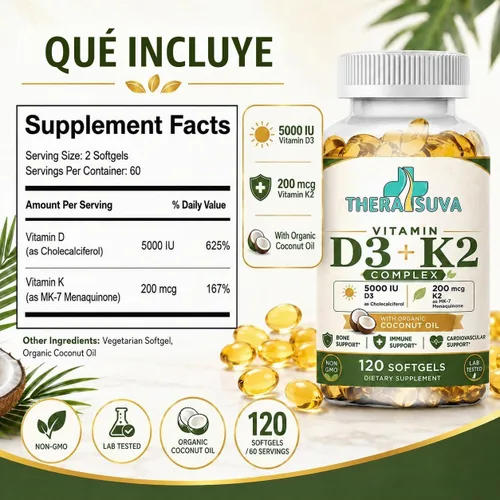 Vista 7 de TheraSuva Vitamina D3 + K2 con aceite de coco orgánico, 120 cápsulas