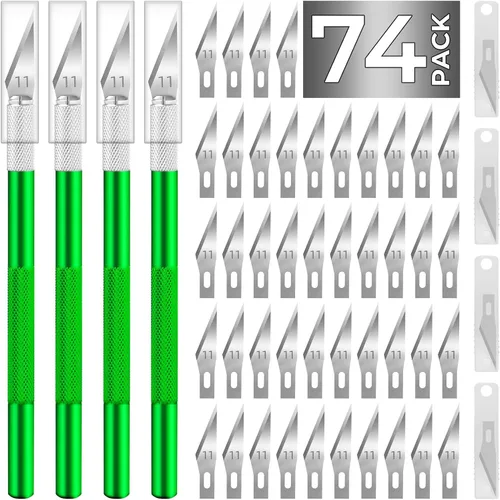 Vista 14 de Exacto - Cuchillo de manualidades, cuchillo de pasatiempo, paquete de 74 con 4 cuchillos afilados actualizados y 70 cuchillas de repuesto para arte