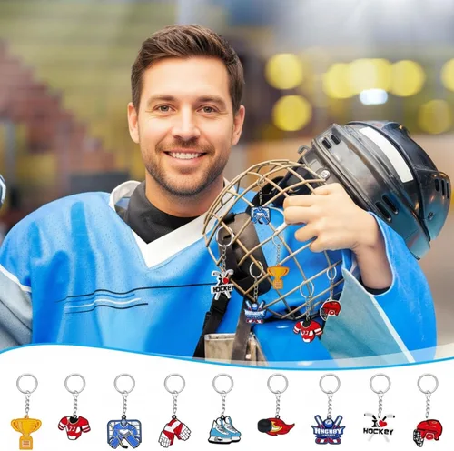 Vista 6 de Taiyin 36 llaveros de hockey a granel para fiestas deportivas, suministros de fiesta deportiva, regalos divertidos para jugadores de cumpleaños