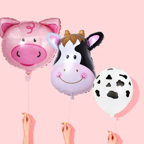 Vista 3 de InBy 18 globos de animales de granja para decoración de fiesta de primer cumpleaños, cabeza de vaca de cerdo, arco de globos con temática