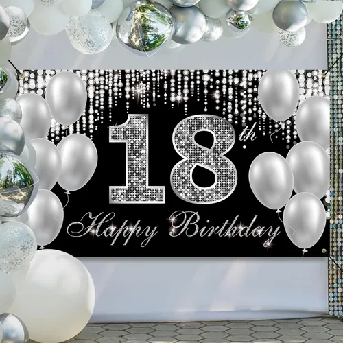 Vista 6 de Cartel de fondo de 18 cumpleaños, decoraciones de feliz cumpleaños 18 para niños y niñas, negro y plateado para fiesta de cumpleaños de 18 años