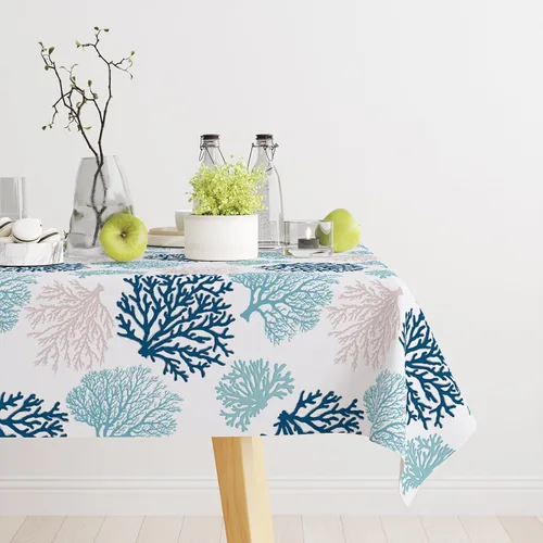 Vista 2 de Mantel rectangular náutico costero con estampado de coral, diseño de playa, decorativo impermeable para comedor al aire libre, cocina, sala
