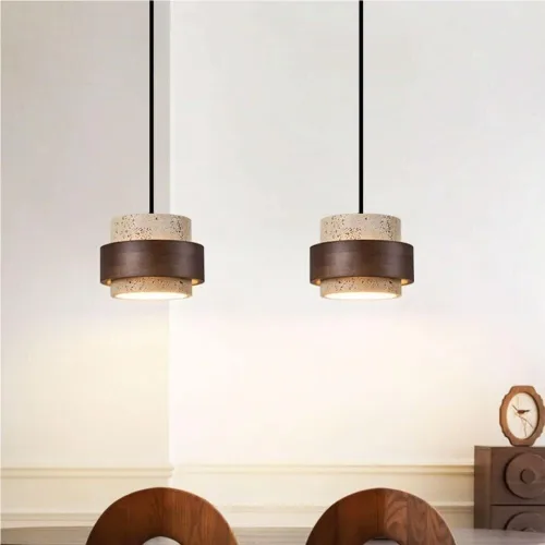 Vista 3 de Retro Solid Wood Hanging Lamp Nordic Cylinder Yellow Travertine Chandeliers Modern Small Bedroom Bedside Pendant Lights for Living Room Study