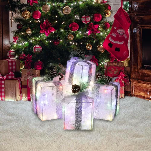 Vista 6 de COVFEVER Cajas de Regalo Iluminadas de Navidad, Juego de 4 Cajas de Regalo con Luces Preinstaladas, Juego de Cajas de Regalo Iluminadas que
