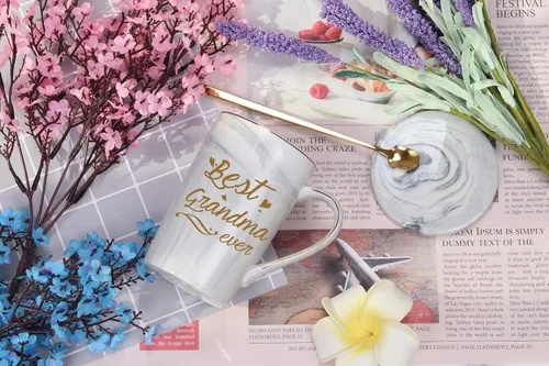 Vista 2 de Taza "Best Grandma Ever" Regalos de Café Cumpleaños Día de las Madres para de Nieta Nieto Nietos Nietos 14 Onzas Caja de Regalo con Cuchara y Tapete