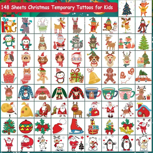 Vista 2 de CHARLENT 148 tatuajes temporales de Navidad para niños, tatuajes individuales de Navidad para niños, recuerdos de fiesta de Navidad, relleno