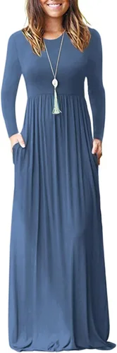 Vista 26 de Vestido de manga larga para mujer, holgado, liso, largo, estilo informal, con bolsillos. 01-verde militar