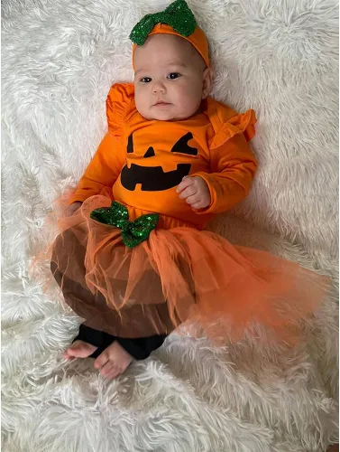 Vista 2 de Traje de Halloween para bebé niña con diadema de calabaza