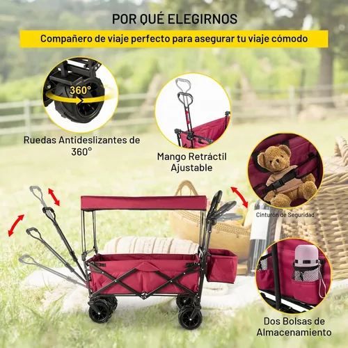 Vista 6 de Happbuy Vagón Plegable con Toldo Extraíble, 220lbs Vagón de Playa Plegable de Servicio Pesado con Ruedas Grandes Rojo