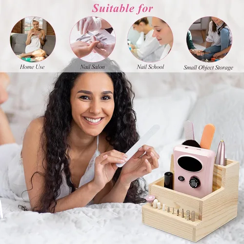 Vista 6 de Soporte para brocas de uñas, 10 agujeros de madera, caja de almacenamiento de exhibición, organizador de brocas para uso doméstico o salón de uñas