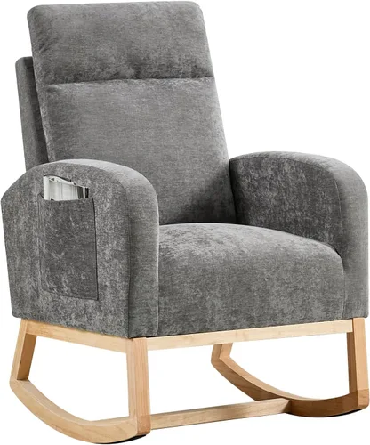 Vista 8 de Mecedora moderna para guardería, tapizada de lino con respaldo de 26 pulgadas de alto, asiento acolchado para sala de estar, dormitorio, lectura