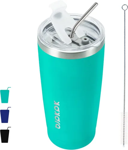 Vista 21 de BJPKPK Vaso térmico negro con tapa y pajita, de acero inoxidable, de 20 onzas, para café Pintura de caucho negro
