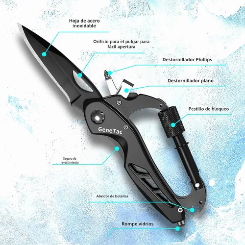 Vista 2 de Mosquetón multiherramienta con cuchillo de bolsillo, abrebotellas, rompevanas, destornilladores, equipo de supervivencia táctico EDC para acampar