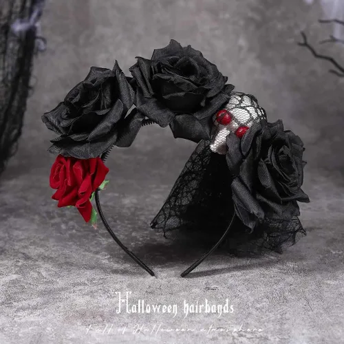Vista 3 de Diadema de Halloween con diseño de rosas y flores, diadema para el Día de los Muertos, velo negro, diadema para mascarada, disfraz de festival
