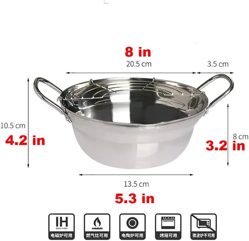 Vista 4 de Olla para freír Tempura de acero inoxidable, mini sartén profunda con escurridor, 8 pulgadas (7.9 in)