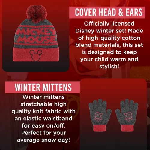 Vista 2 de Mickey Mouse - Juego de 2 piezas de sombrero y guantes de nieve para niños y niños, gorro cálido con pompones y bonitos guantes rojos