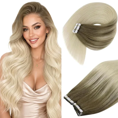 Vista 21 de Ve Sunny Extensiones de cabello humano real con cinta, cabello humano Remy, lacio, doble cara, color marrón oscuro, balayage, rubio dorado oscuro