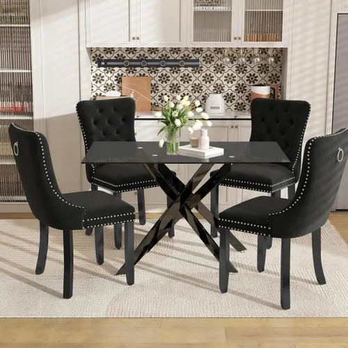 Vista 12 de Juego de mesa de comedor de 51 pulgadas de vidrio para 4, mesa de cocina rectangular de vidrio con 4 sillas tapizadas con acentos de terciopelo