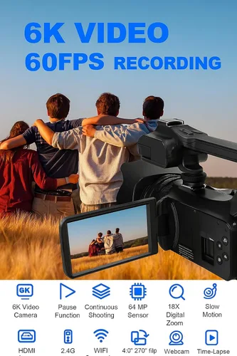 Vista 2 de Acuvar Videocámara 4K/6K – Cámara de vlogging de 64MP para YouTube, 60FPS, zoom 18X, WiFi, cámara web – Incluye micrófono, estabilizador, tarjeta