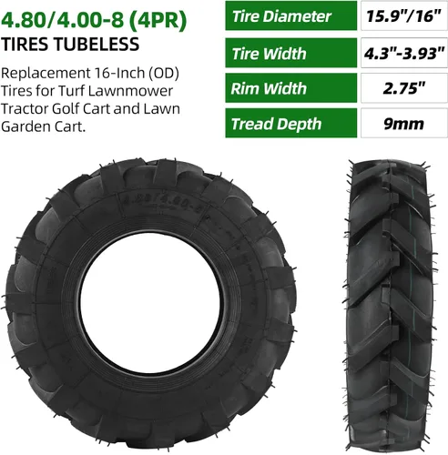 Vista 2 de AR-PRO Paquete de 2 neumáticos sin cámara 4.80/4.00-8 – Neumáticos de repuesto 4PR de 16 pulgadas para tractor cortacésped, tractor de jardín