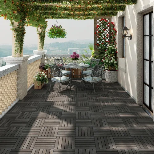 Vista 3 de PrimeZone - 9 azulejos entrelazados de madera de acacia sólida para terraza, patio, 12 x 12 pulgadas, impermeables, para interiores y exteriores