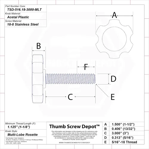 Vista 2 de Tornillo de pulgar de acero inoxidable de 5/16"-18 x 3 - Pomo de plástico roseta de múltiples lóbulos negro - Tornillo de rosca estándar/gruesa