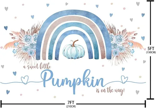 Vista 5 de Sendy Telón de fondo bohemio de calabaza azul de 7 x 5 pies para baby shower, otoño, A Little Pumpkin Boy is on The Way, suministros de decoración