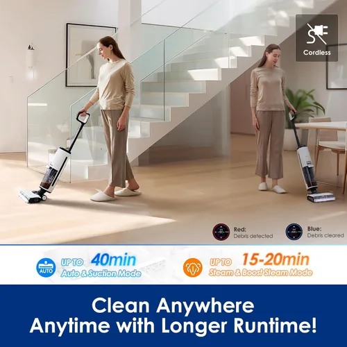 Vista 4 de Tineco Floor ONE S7 Aspiradora y trapeador a vapor inalámbrico todo en uno para limpieza húmeda y seca, lavadora de pisos para limpieza