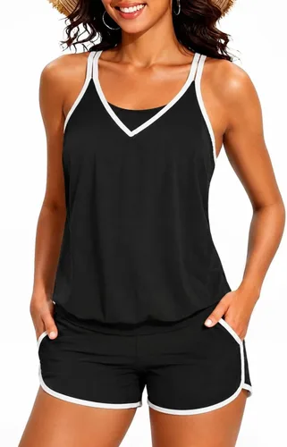 Vista 7 de Traje de baño tankini de dos piezas con control de abdomen y pantalones Bandera estadounidense