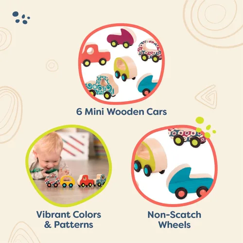 Vista 3 de B. toys Juego de autos de juguete de madera con 6 vehículos coloridos para niños y niños pequeños - Camiones duraderos - Fácil - Juguetes para niños