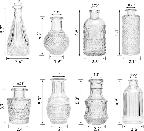 Vista 5 de Juego de 8 jarrones de cristal, pequeños jarrones para flores, mini jarrones a granel, jarrones vintage transparentes para centros de mesa, modernos