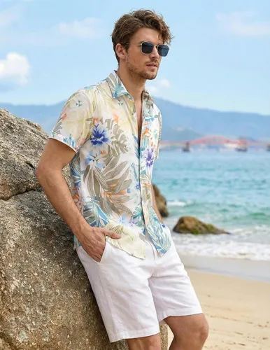 Vista 5 de ZAFUL Camisa hawaiana de manga corta con botones para hombre, estilo casual, tropical, floral, para verano, playa, vacaciones, polo 0_PAT2