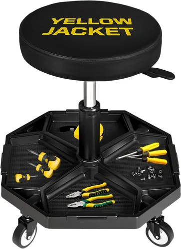 Vista 8 de YELLOW JACKET - Asiento rodante de garaje con ruedas de altura ajustable, taburete neumático para mecánico de 300 libras, asiento de arrastre Negro