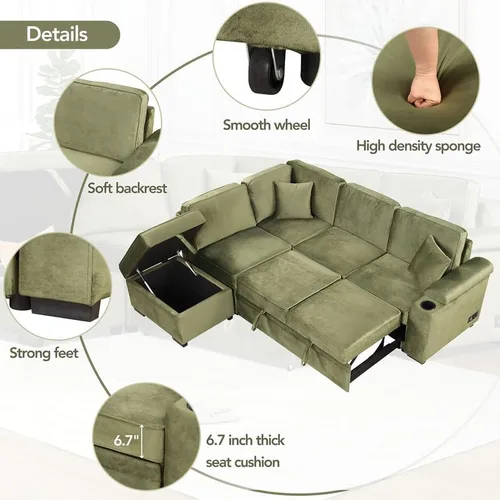 Vista 3 de DHAEY Sofá cama modular de 87.4 pulgadas con diván, moderno sofá cama convertible de lino, sofá en forma de L con otomana de almacenamiento