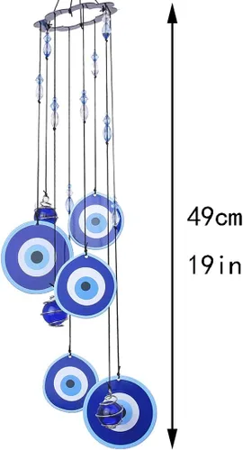 Vista 3 de YU FENG Carillón de viento con ojo maligno azul para exteriores, adorno colgante de 19" de metal, campanillas de viento para jardín al aire libre