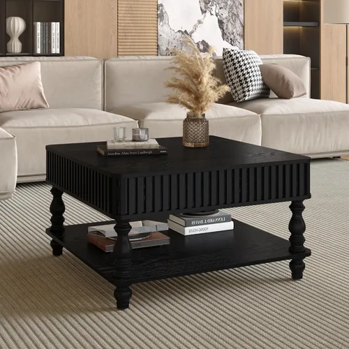 Vista 4 de Mesa de centro cuadrada de 31.5 pulgadas con tapa elevable y almacenamiento, mesas de centro modernas acanaladas con tapa elevable, mesa central