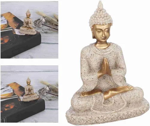 Vista 6 de Hilitand Estatua de Buda meditando sentado decoración del hogar adorno tallado figura artesanía arenisca (A dorado)