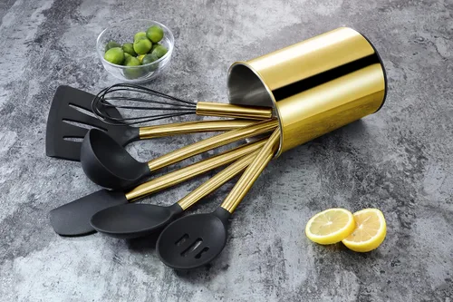 Vista 8 de ECHTWERK Juego de utensilios de cocina dorados de 7 piezas con asas de acero inoxidable y cabezales de silicona