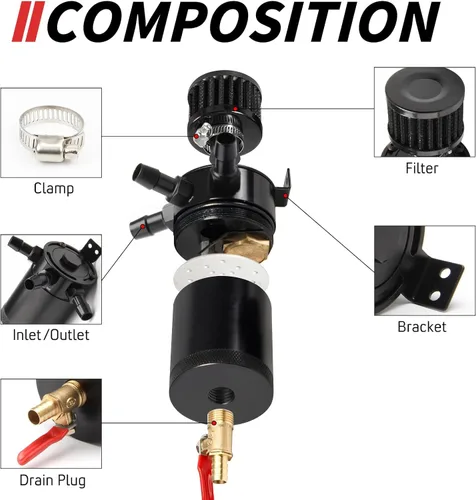 Vista 4 de Kit universal de tanque de reserva de aceite para coche de 150ml, compacto deflector de 3 puertos separador de aceite 2 entradas 1 salida negro