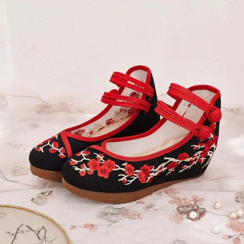 Vista 4 de YYYSHOPP Zapatos planos de lona para mujer, zapatos de plataforma oculta de lona con flor de ciruela, bordados, zapatos casuales con correa
